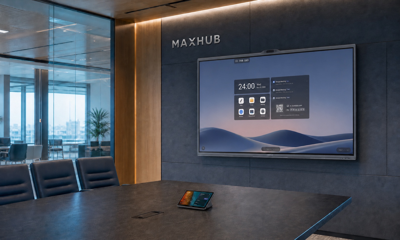 Moderne vergaderruimte met MAXHUB XBoard en bedieningsconsole