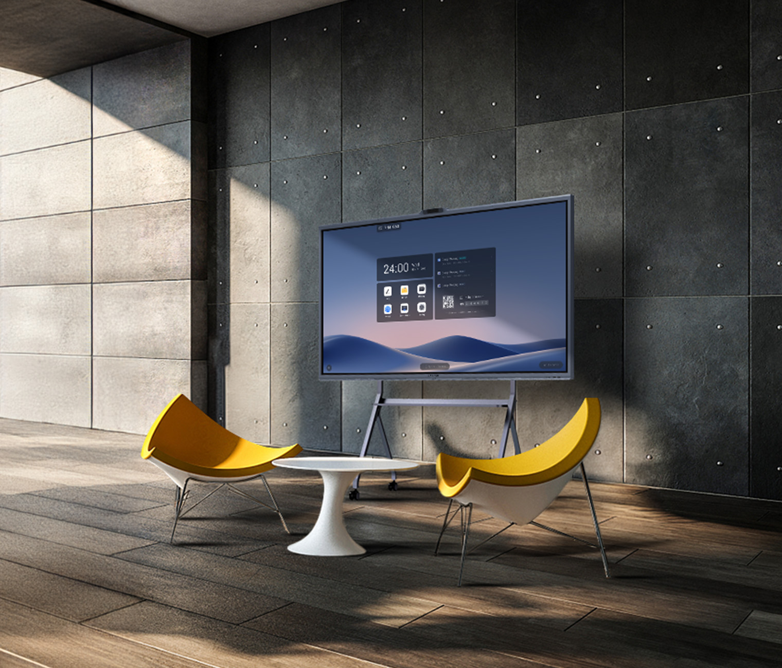 MAXHUB XBoard V7 op een mobiele standaard in een open overlegruimte